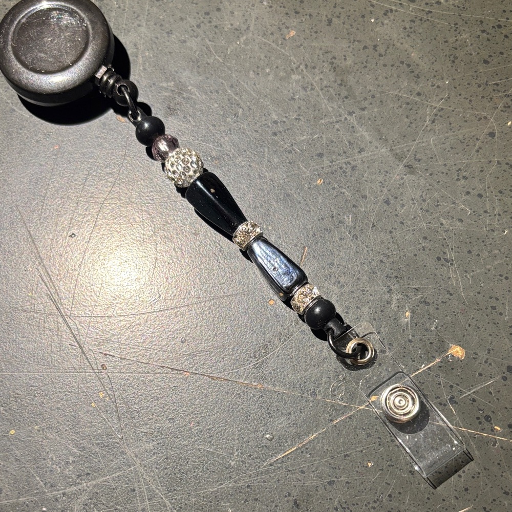 Beaded Retractable Badge Reel - Black Decorative Lanyard
